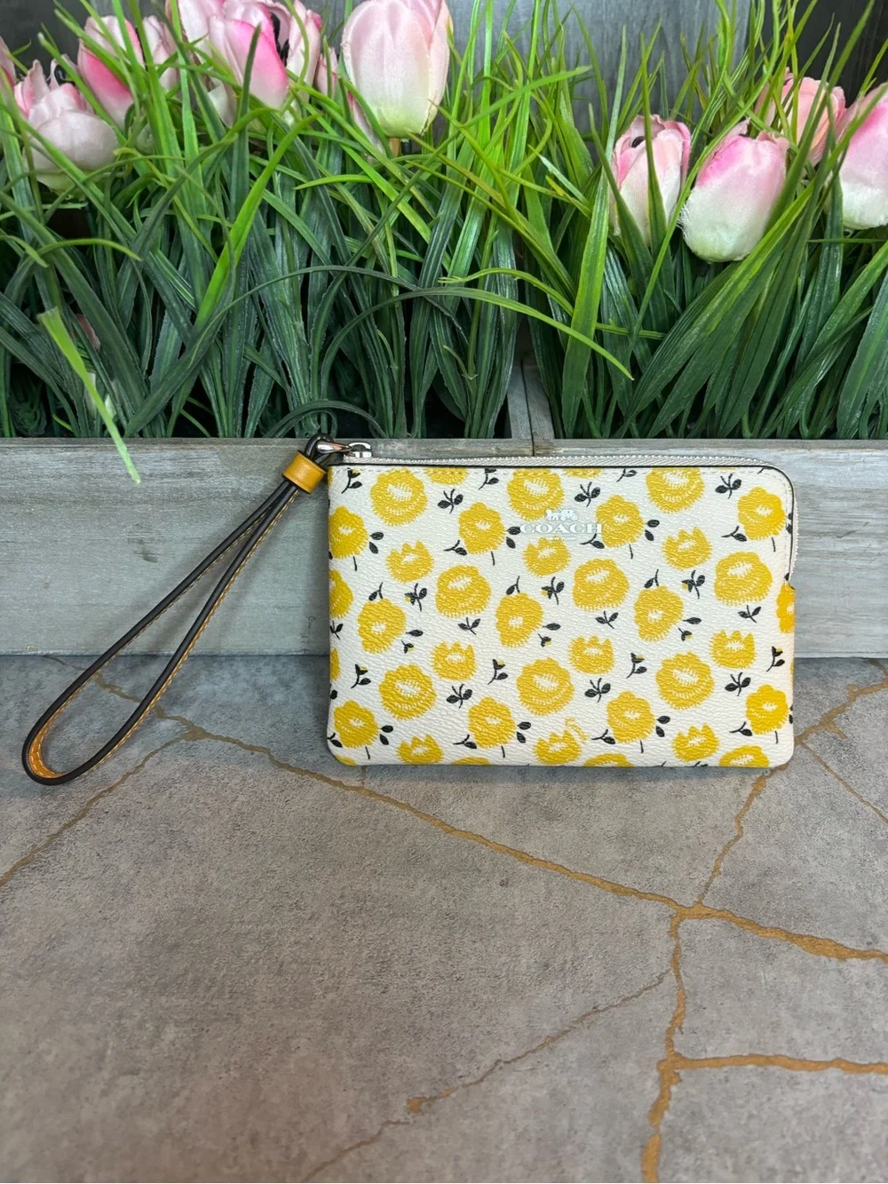 COACH NWT Yellow Floral Wristlet Pouch with Brown Strap